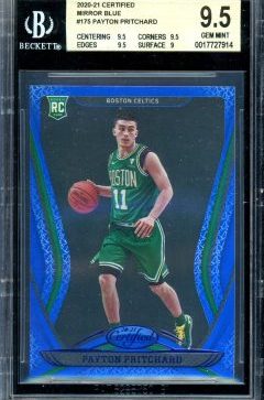 Player: Payton Pritchard
Set: 2020 Panini Certified
Card Number: #175
Card Type: Rookie Card (RC)
Parallel: Mirror Blue
Grade: BGS 9.5 (Gem 