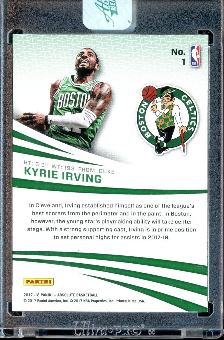2017-18 Panini Absolute Basketball #1 factory sealed encased card of Kyrie Irving, showcasing the Boston Celtics star during the 2017-18 NBA