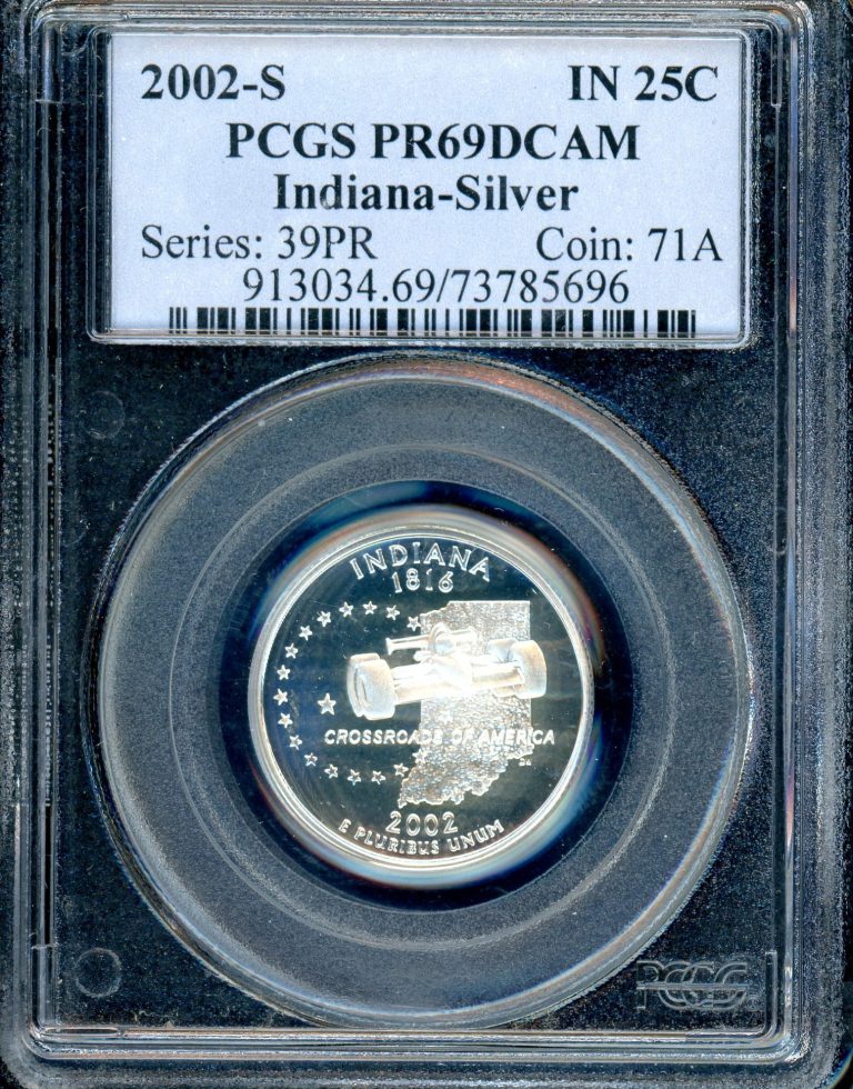  2002-S Indiana Statehood Quarter is struck in 90% silver and graded PR69 Deep Cameo (DCAM) by PCGS