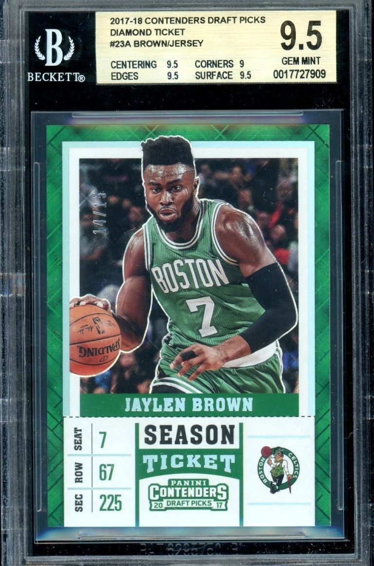 2017 Contenders Draft Picks Draft Ticket #23 of Jaylen Brown, graded BGS 9.5 (Gem Mint) and serial numbered 14/15.