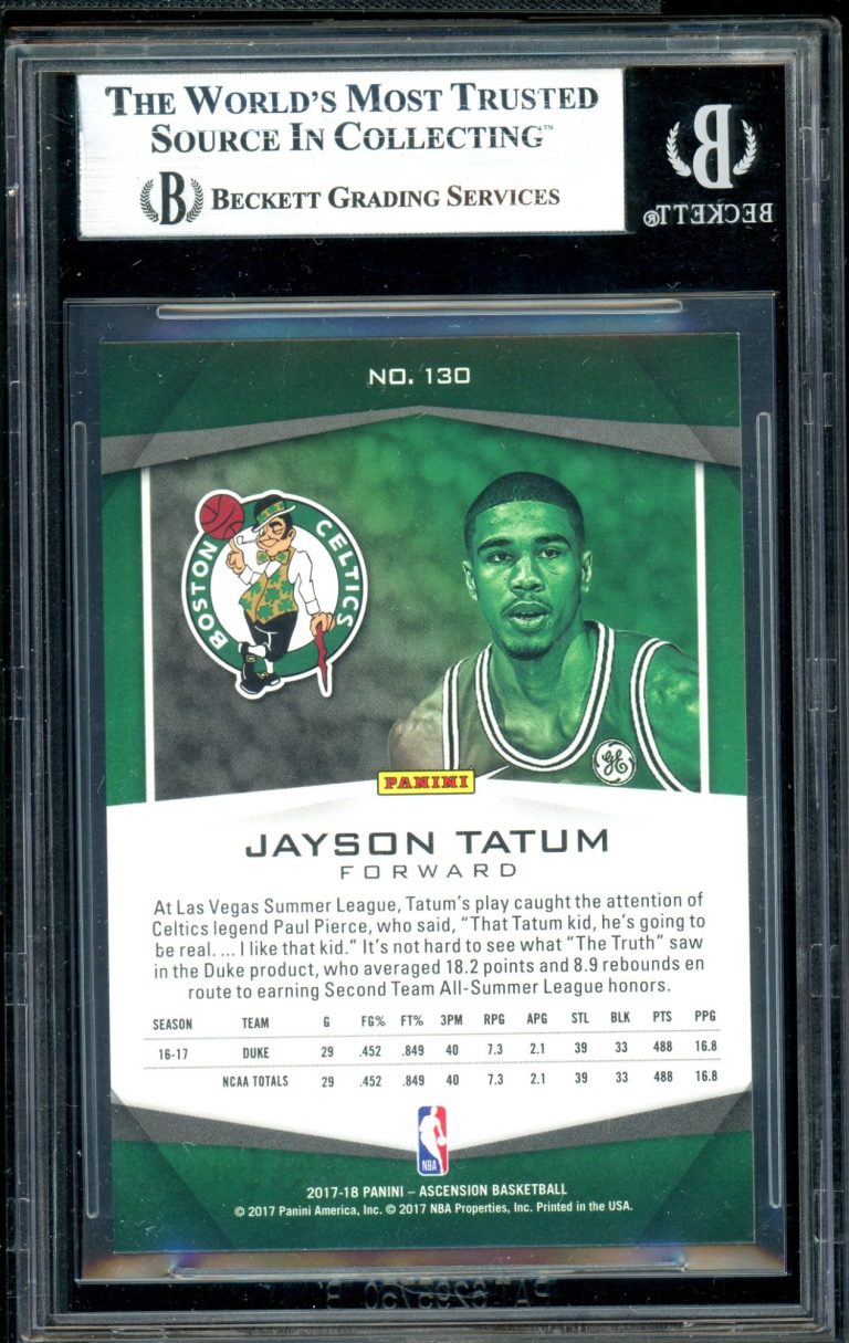 Player: Jayson Tatum
Set: 2017-18 Panini Ascension Basketball
Card Number: #130
Type: Rookie Card (RC)
Grade: Beckett (BGS) 9