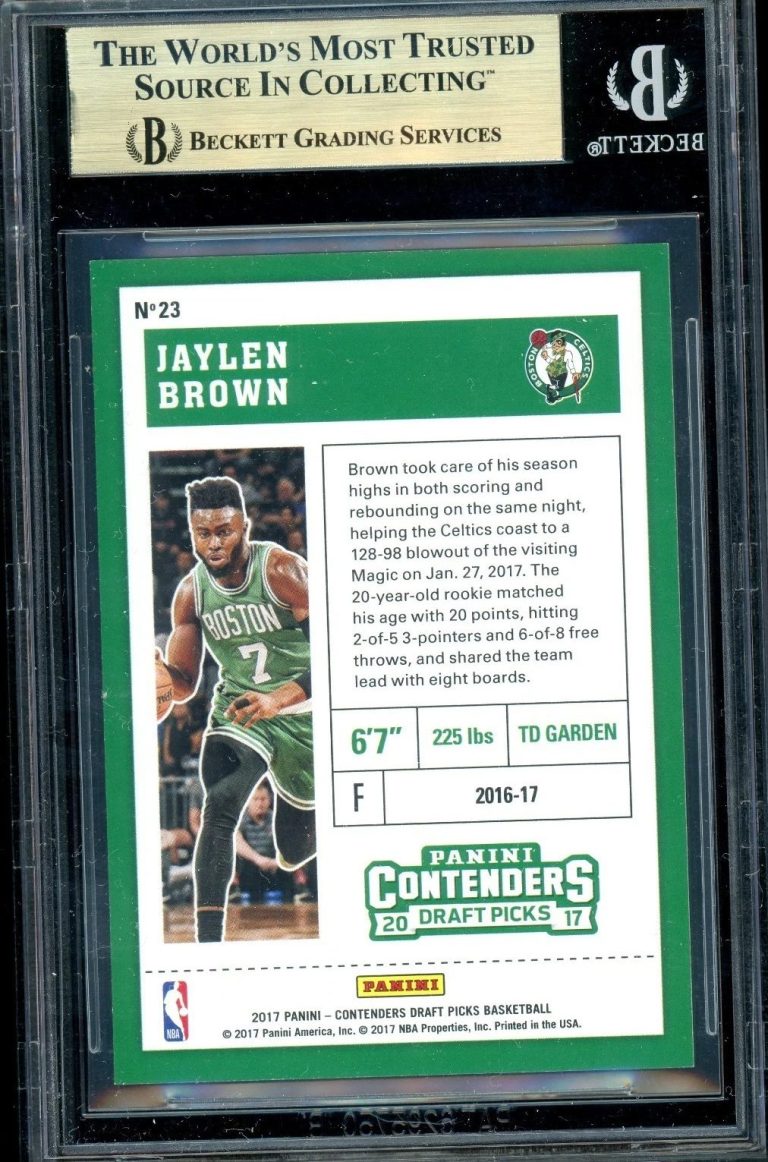 2017 Contenders Draft Picks Draft Ticket #23 of Jaylen Brown, graded BGS 9.5 (Gem Mint) and serial numbered 14/15.