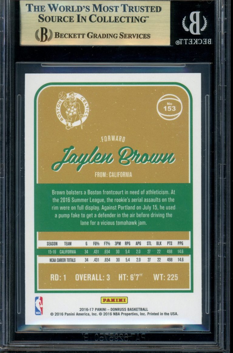 2016-17 Panini Donruss Jaylen Brown Rookie Card (#153) in the Green Yellow Laser parallel, graded BGS 10 (Pristine).
