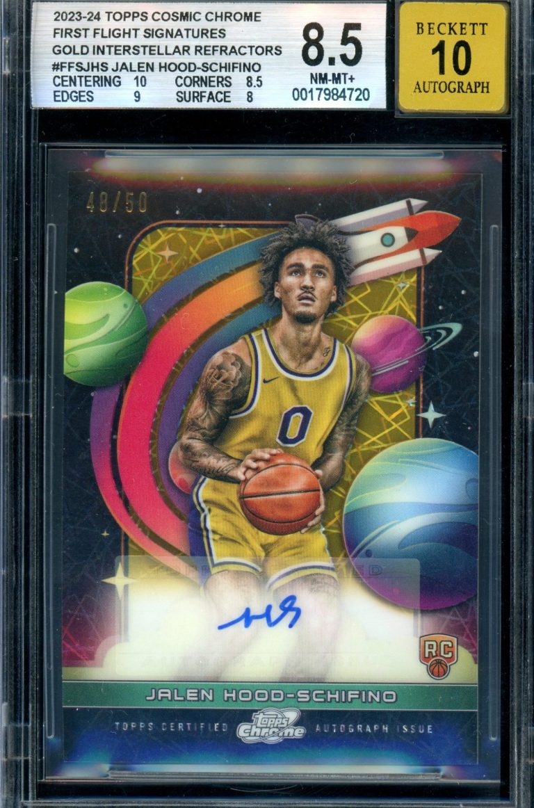 2023-24 Topps Cosmic Chrome Autograph (#FFS-JHS) of Jalen Hood-Schifino, serial numbered 48/50, and graded **BGS 8.5