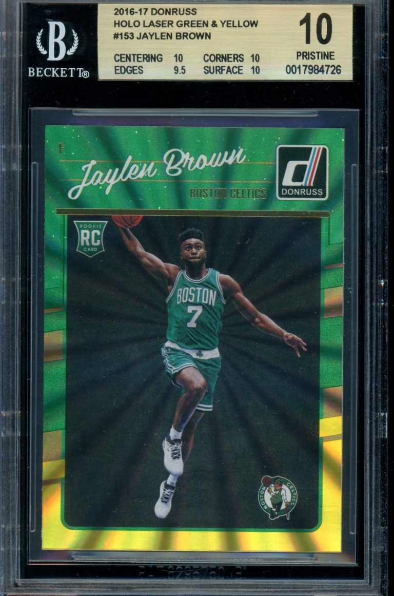 2016-17 Panini Donruss Jaylen Brown Rookie Card (#153) in the Green Yellow Laser parallel, graded BGS 10 (Pristine).