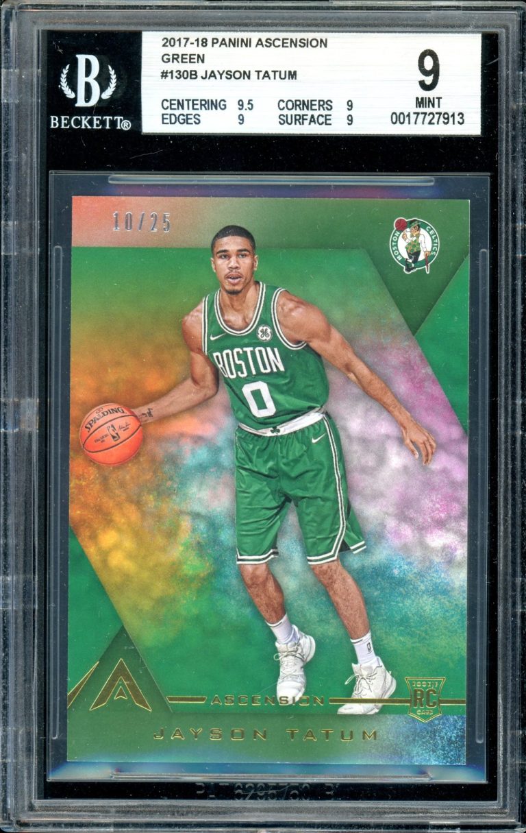 Player: Jayson Tatum
Set: 2017-18 Panini Ascension Basketball
Card Number: #130
Type: Rookie Card (RC)
Grade: Beckett (BGS) 9

