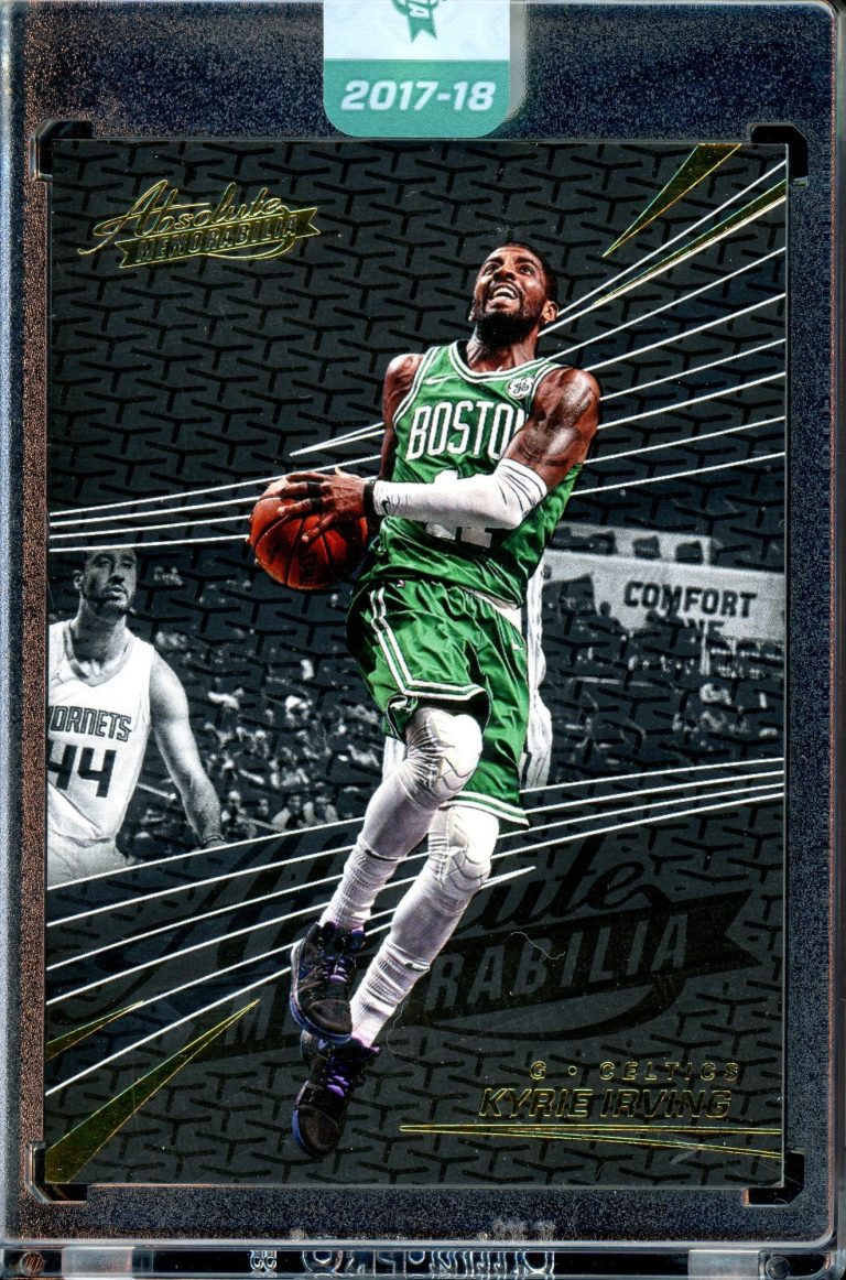 2017-18 Panini Absolute Basketball #1 factory sealed encased card of Kyrie Irving, showcasing the Boston Celtics star during the 2017-18 NBA